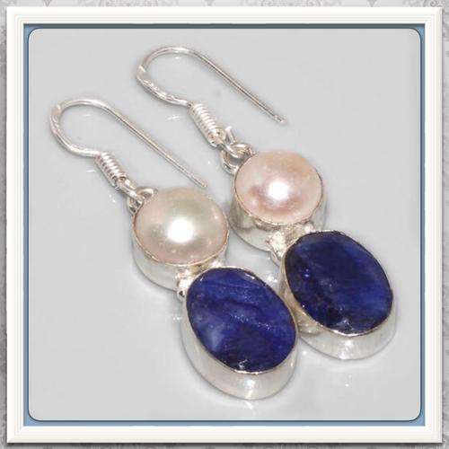 ***EXCEPTIONALLY BEAUTIFUL***INDIAN SAPPHIRE QUARTZ, PEARL .925 SILVER EARRINGS