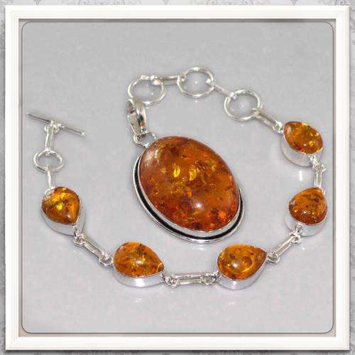 ***NEW STUNNING SET*** PRESSED AMBER GEMSTONE .925 SILVER PENDANT & BRACELET SET