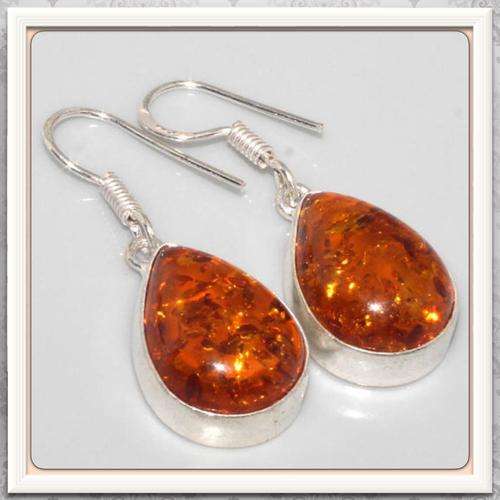 ***GORGEOUS PEAR SHAPE*** PRESSED AMBER GEMSTONE IN .925 SILVER  EARRINGS