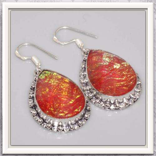 ***EXCEPTIONAL*** SHIMMERY ORANGE DICHROIC GLASS  .925 SILVER EARRINGS