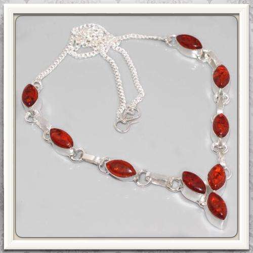 ***SENSATIONAL MARQUISE*** PRESSED AMBER  GEMSTONES IN .925 SILVER NECKLACE