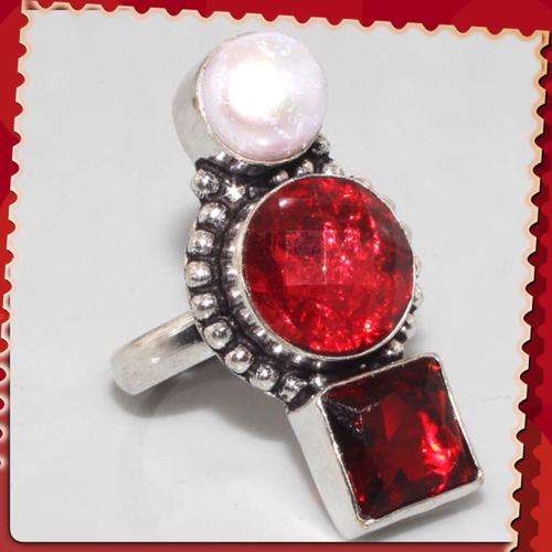 ***TRENDY*** PEARL, CREATED OPAL , GARNET GEMSTONE AND 925 STERLING SILVER RING SIZE 8.5