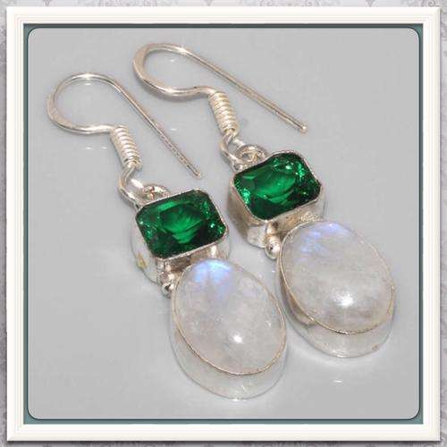 ***ONE OF A KIND *** EMERALD GREEN QUARTZ, MOONSTONE GEMSTONE .925 SILVER  EARRINGS