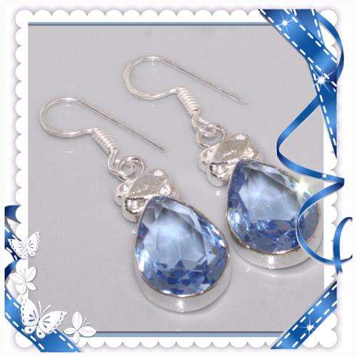 ***DESIRABLE SPARKLING***  POWDER BLUE QUARTZ GEMSTONE  .925 SILVER EARRINGS