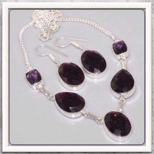 ***CHARMING*** NATURAL PURPLE AMETHYST GEMSTONE 925 SILVER NECKLACE SET