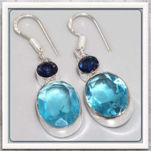 ***SPECTACULAR ROYAL BLUE AND TURQUOISE BLUE***  BLUE QUARTZ 925 SILVER EARRINGS