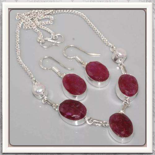 ***ENCHANTING*** NATURAL INDIAN CHERRY RUBY, PEARL NECKLACE & EARRINGS SET  IN .925 SILVER