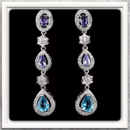 ***BREATHTAKING***NATURAL SWISS BLUE TOPAZ, TANZANITE, IOLITE SOLID .925 STERLING SILVER EARRINGS