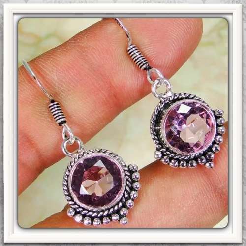 ***EVER SO PRETTY***PETITE FACETED PINK QUARTZ GEMSTONE .925 SILVER EARRINGS