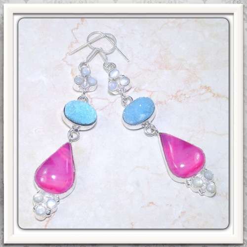 ***ONE OF A KIND*** LONG NATURAL MULTI GEMS  .925 SILVER EARRINGS