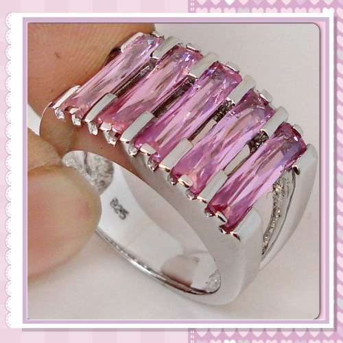 ***RARE FIND- ASTOUNDING QUALITY*** PINK KUNZITE BAGUETTES SOLID.925 STERLING SILVER RING SIZE 8