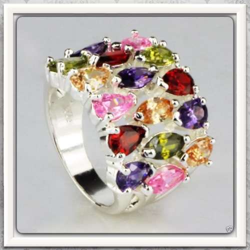 ***ABSOLUTELY STUNNING***  FACETED MULTI GEMSTONE RING IN 925 SILVER FILLED SIZE 8