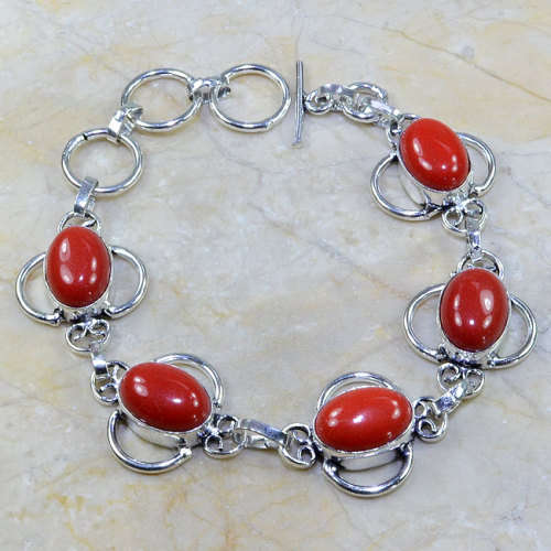 ***REALLY GORGEOUS***  RED CORAL OVALS  GEMSTONE  925 S /SILVER BRACELET
