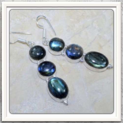 ***GORGEOUS FLASHING HUES***NATURAL BLUE FIRE LABRADORITE 925 SILVER EARRINGS
