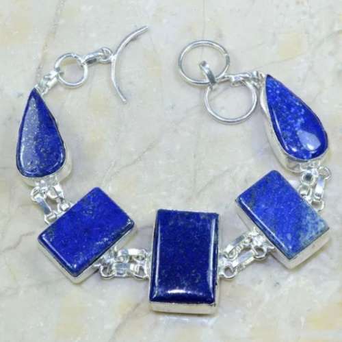 ***GORGEOUS GOLD SPECKS***  MULTI SHAPES LAPIS LAZULI GEMSTONE .925 SILVER BRACELET