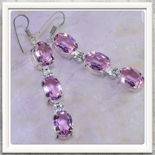 ***SUMMER PASTELS***BEAUTIFUL PINK QUARTZ GEMSTONE .925 SILVER EARRINGS