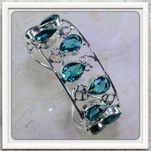 ***DON'T MISS THIS BEAUTY***  TEAL/GREEN QUARTZ GEMSTONE .925 SILVER ADJUSTABLE CUFF BANGLE