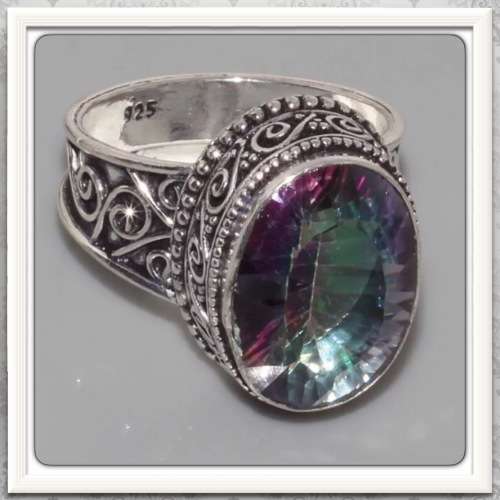 ***INCREDIBLE ANTIQUE STYLE***FACETED OVAL MYSTIC RAINBOW TOPAZ RING IN .925 STERLING SILVER SIZE 9