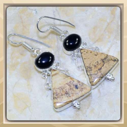 *** WONDER OF NATURE ***NATURAL PICTURE JASPER, BLACK ONYX GEMSTONE 925 SILVER EARRINGS