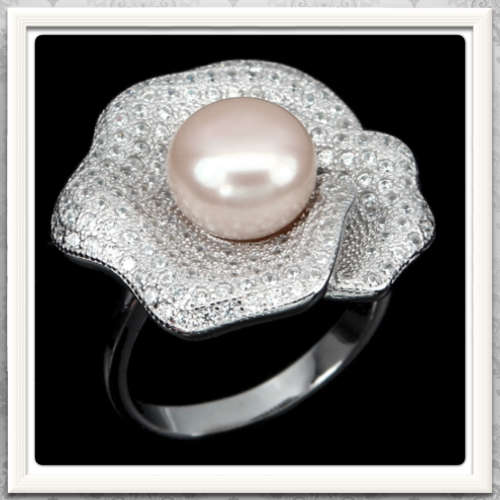 ***SPECTACULAR ELEGANCE ERV R13 999***DELUXE NATURAL PINK PEARL, WHITE CZ  .925 SILVER SIZE 9