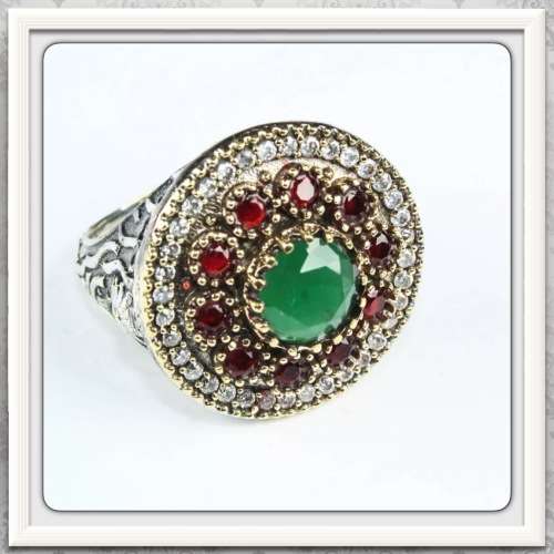 ***GORGEOUS TURKISH FLAIR*** TWO TONE RUBY EMERALD QUARTZ TOPAZ GEMSTONE SILVER RING SIZE 11