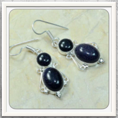***AWESOME GLITTERY***NAVY BLUE SUN SITARA SANDSTONE .925 SILVER EARRINGS