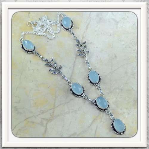 *** REGAL SETTING*** NATURAL BLUE CHALCEDONY GEMSTONE .925  SILVER NECKLACE