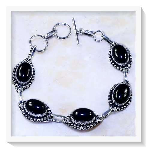 ***SUPREME ELEGANCE***HANDMADE NATURAL FACETED BLACK ONYX  GEMSTONE .925 SILVER BRACELET