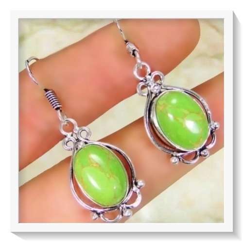 REFRESHING COPPER GREEN TURQUOISE EARRINGS . 925  STERLING SILVER
