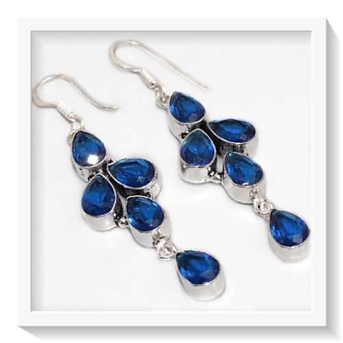 ***REALLY SPECTACULAR***LONG FACETED BLUE QUARTZ GEMSTONE 925 SILVER EARRINGS