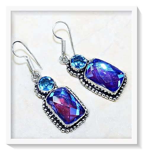 ***SPECTACULAR COLOUR*** AQUA BLUE/PURPLE MYSTIC, BLUE TOPAZ .925 STERLING SILVER EARRINGS