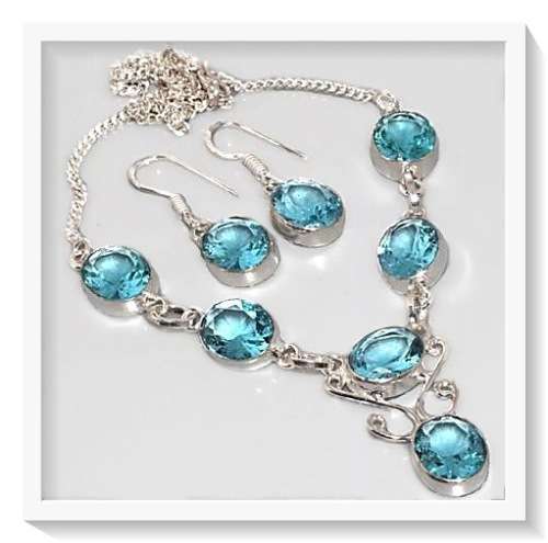***EYECATCHING ***STUNNING FACETED BLUE APATITE .925 STERLING SILVER NECKLACE & EARRINGS SET