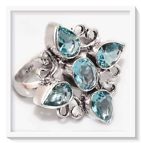 BEAUTIFUL HANDMADE FACETED BLUE TOPAZ GEMSTONE .925 SILVER RING SIZE 8