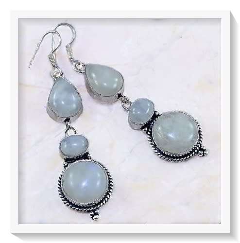 ***TOP AAA QUALITY***NATURAL RAINBOW MOONSTONE DANGLE SILVER EARRINGS