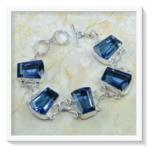 BLUE IOLITE QUARTZ GEMSTONE .925 SILVER BRACELET