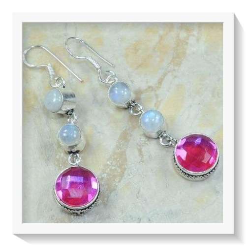 ***HOT SUMMER PINK*** RAINBOW MYSTIC TOPAZ, MOONSTONE GEMSTONE 925 SILVER EARRINGS