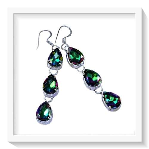 SPECTACULAR NATURAL RAINBOW MYSTIC TOPAZ GEMSTONE  .925 SILVER EARRINGS