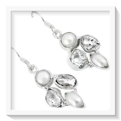 ***EXTREMELY BEAUTIFUL *** 11.11 CTS HERKIMER, WHITE PEARL SOLID STERLING SILVER DANGLING EARRINGS!