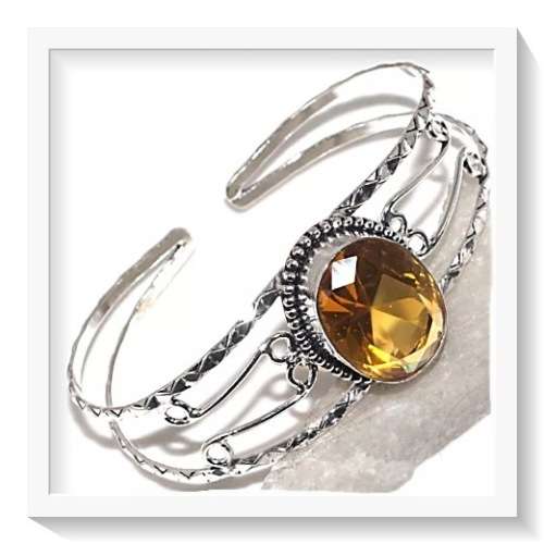 ***NOVEMBER BIRTHSTONE***  FACETED CITRINE GEMSTONE  .925 STERLING SILVER CUFF BANGLE