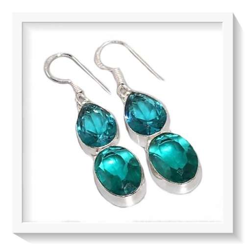 GORGEOUS TEAL COLOUR  SEA FOAM  QUARTZ GEMSTONE  .925 SILVER EARRINGS
