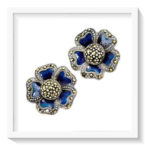 ***BEAUTIFUL NAVY FLOWER BLOSSOM***BLUE ENAMEL , STUD MARCASITE SOLID.925 STERLING SILVER EARRINGS