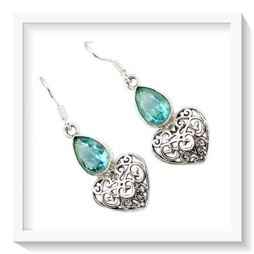 FILIGREE NATURAL BLUE TOPAZ GEMSTONE SOLID .925 STERLING SILVER EARRINGS
