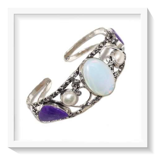 ***STUNNING*** FIERY OPALITE, PEARL, HOWLITE  SILVER FILLED CUFF BANGLE