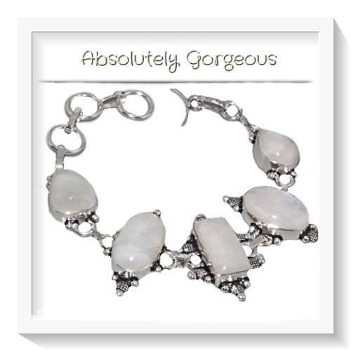 ***BREATHTAKING ***NATURAL RAINBOW MOONSTONE GEMSTONE .925 SILVER BRACELET
