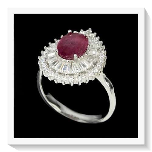 BREATHTAKING 9 X 7 MM TOP BLOOD RED RUBY, WHITE ZIRCONIA SOLID .925 STERLING SILVER RING SZ 8