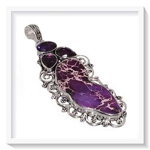 NATURES BOUNTY- NATURAL SEA SEDIMENT JASPER, PURPLE AMETHYST .925 SILVER PENDANT