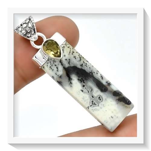 SPECTACULAR NATURAL MERLINITE DENDRITIC OPAL, SMOKY TOPAZ .925 STERLING SILVER PENDANT