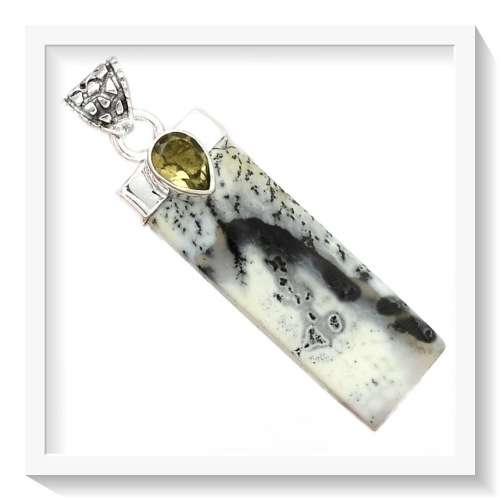 SPECTACULAR NATURAL MERLINITE DENDRITIC OPAL, SMOKY TOPAZ .925 STERLING SILVER PENDANT