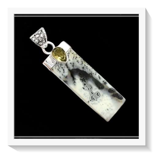 SPECTACULAR NATURAL MERLINITE DENDRITIC OPAL, SMOKY TOPAZ .925 STERLING SILVER PENDANT