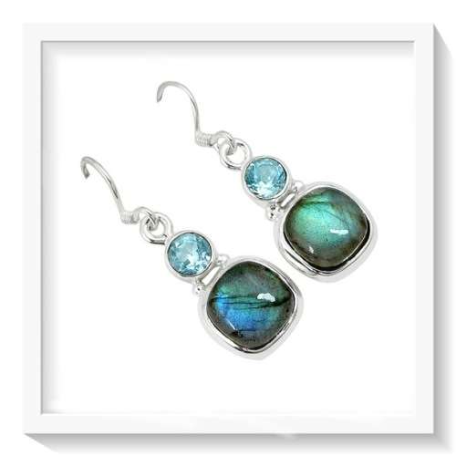 BREATHTAKING 9.83 CTS NATURAL BLUE FIRE LABRADORITE, BLUE TOPAZ  SOLID .925 SILVER EARRINGS